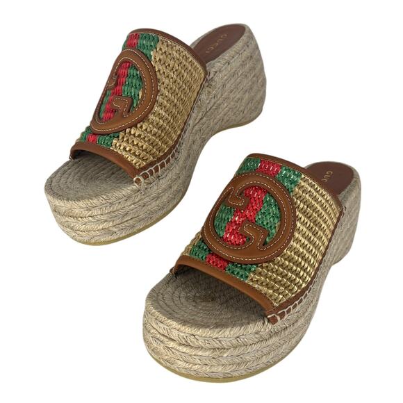 Gucci Adela Leather Trimmed Raffia Wedge Espadrilles - Picture 2 of 16